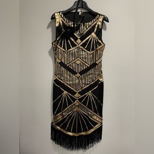 Roaring 20s Flapper Costume Dress & headband set LARGE 10-12 black & gold fringe